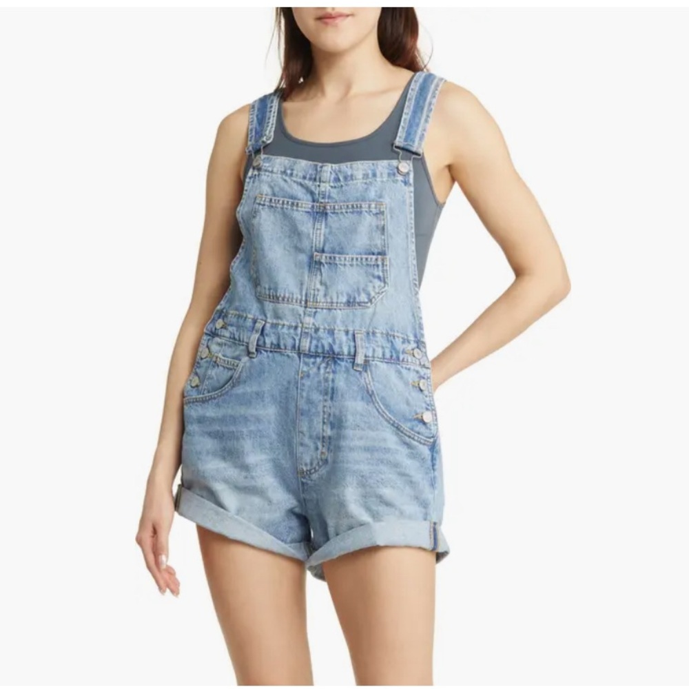 Free People Light Blue Distressed Denim Overalls - Picture 1 of 6